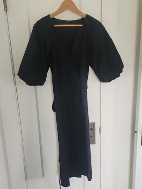 Banana Republic Black Midi Wrap Dress with Puff Sleeves Size PETITE Medium
